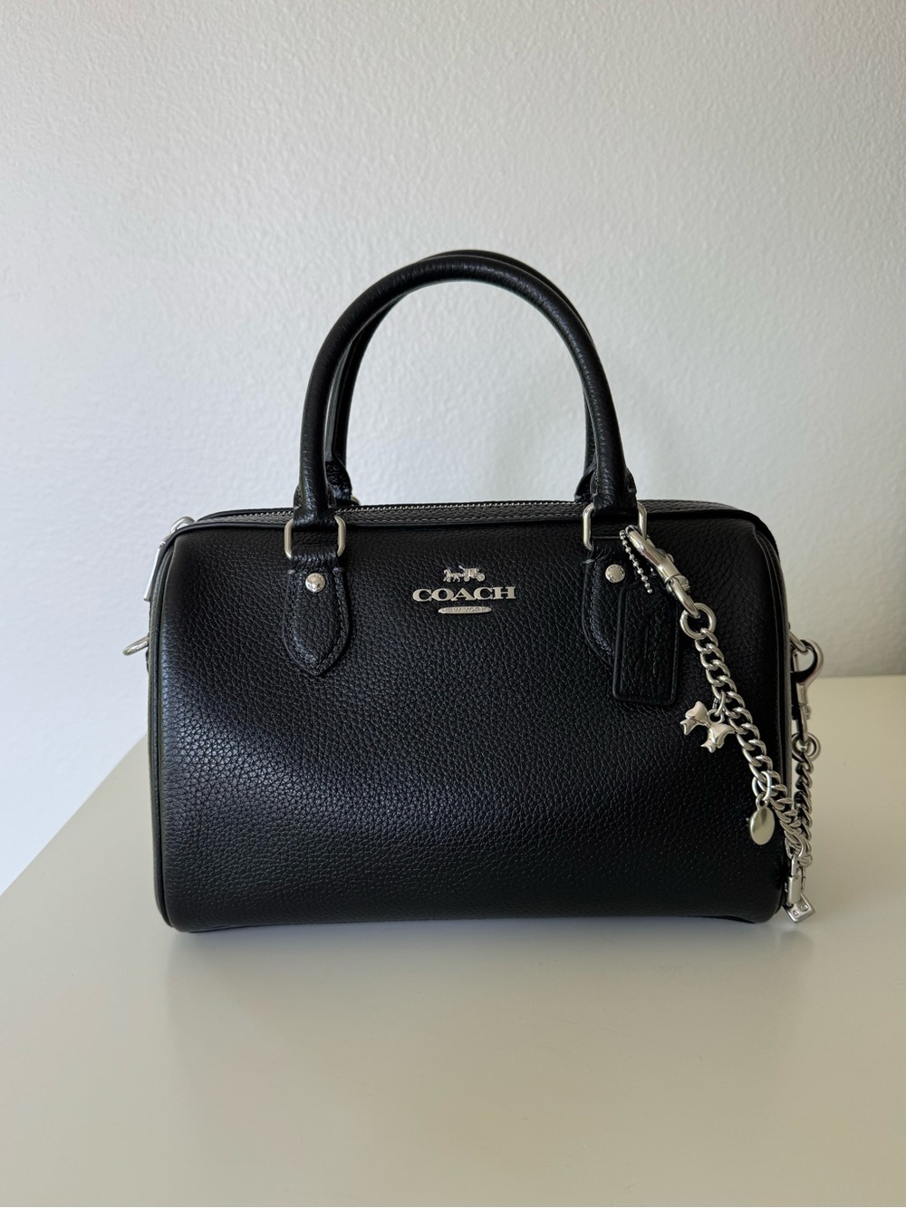 Coach Black Medium Rowan in Pebbled Leather with Silver Hardware & Charm Chain